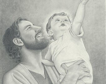 Puede incluir: Un dibujo a lápiz en blanco y negro de un hombre sosteniendo a un niño. El hombre lleva una túnica larga y el niño está alcanzando una rama de olivo con aceitunas.