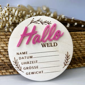 Personalisierte runde Geburtstafel aus Holz mit Acryl „hello“ | Baby Namensschild | Zum selbst Beschriften | Geschenk Geburt