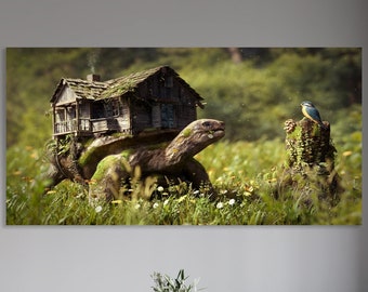 Tortoise And Blue Bird Wall Art, Huge Canvas Wall Art, Farm Canvas Print, Brown Tortoise And Blue Bird Art Print, Farm Wall Art