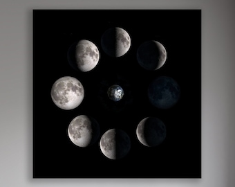 May include: A black and white photograph of the moon in different phases, arranged in a circle. The moon phases are shown in a clockwise direction, starting with a new moon and ending with a full moon.