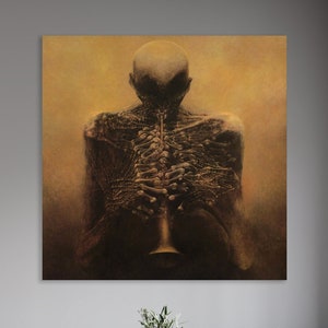 Skeleton Playing The Trumpet Art Print, Huge Canvas Wall Decor, Beksinski Wall Decor, Musician Skeleton Canvas Print, Trumpeter by Beksinski