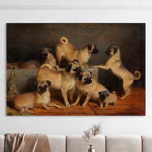A Family of Pugs Wall Art, Huge Canvas Home Decor, Charles Burton Barber Canvas, A Family of Pugs Wall Decor, Pug Lovers Gift, Pugs Wall Art