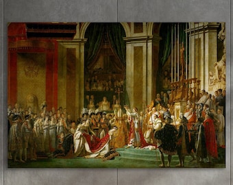 May include: A painting depicting a historical scene with many people in formal attire, likely a coronation or other important ceremony. The painting is framed and hanging on a wall in a modern living room setting.