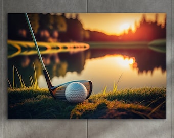 May include: A yellow sofa with a white pillow in front of a wall with a framed print of a golf ball and club on a green golf course at sunset.