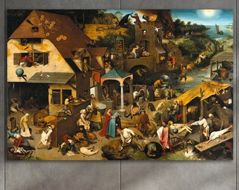 May include: A large framed print of a historical painting hangs above a yellow sofa. The painting depicts a busy village scene with numerous figures, buildings, and a river. The room has a modern design with a gray wall and wooden shelves.