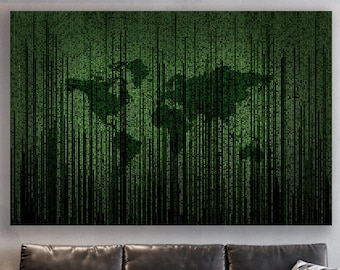 Binary Code World Map,  Huge Canvas Home Decor, World Map Canvas, Code World Map, Code Art, Coding Wall Art, World Map Art