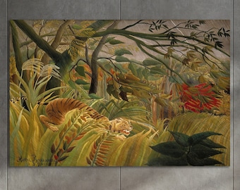 Tiger in a Tropical Storm Wall Art, Huge Canvas Home Decor, Surprised! Canvas, Henri Rousseau Art Print, Tiger in a Tropical Storm Art Print