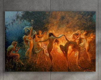 Nude Nymphs Dancing to Pan's Flute around the Fire Wall Art, Huge Canvas Home Decor, Tomanek Art, Nude Nymphs Canvas, Fire Dance by Tomanek