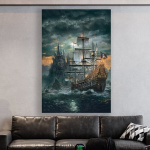 Pirate Art, Huge Canvas Home Decor, Pirates Canvas, Pirate Ship, Jolly Roger Art, Pirate Wall Decor, Barbary, Skull