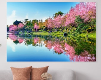 Japanese Flowering Cherry Blossom Art, Huge Canvas Wall Decor, Japanese Peaceful Modern Art, Spring Cherry Blossom Wall Decor