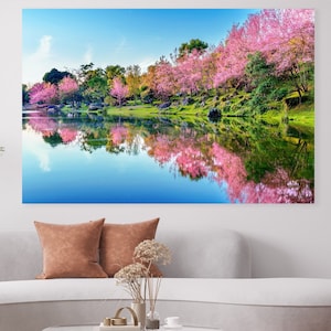 Japanese Flowering Cherry Blossom Art, Huge Canvas Wall Decor, Japanese Peaceful Modern Art, Spring Cherry Blossom Wall Decor