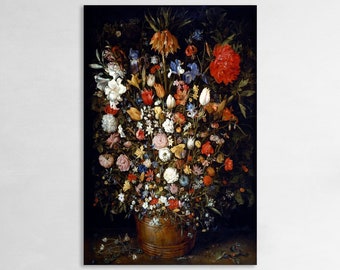 Flowers in a Wooden Vessel Wall Art, Jan Brueghel, Huge Canvas Home Decor, Flowers in a Wooden Vessel Canvas, Flowers 1606 by Jan Brueghel