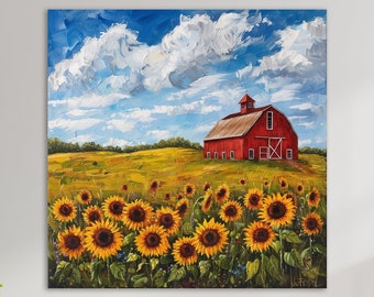 Vintage Red Barn Wall Art, Huge Canvas Home Decor, Red Barn Canvas, Red Barn With Sunflowers Field Wall Art, Vintage Red Barn Print