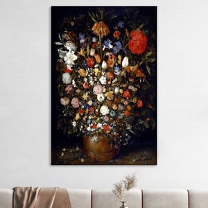 May include: A still life painting of a vase filled with a variety of colorful flowers, including red, white, and yellow. The vase is brown and has a white rim. The flowers are arranged in a symmetrical pattern, and the background is dark.