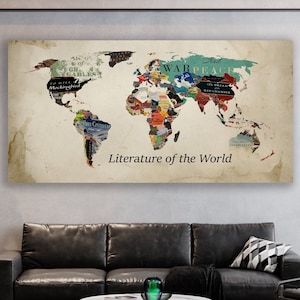 Art mural carte de la littérature du monde, art de la carte du monde vintage, immense art mural toile, art de la carte de la littérature rustique, toile de la littérature du monde