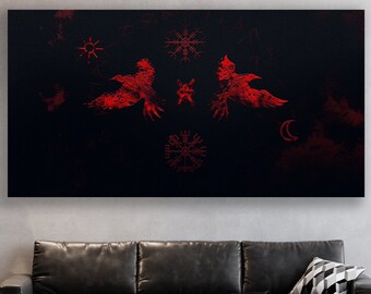 Nordic Wall Art, Raven Art Print, Vegvisir Canvas, Huge Canvas Home Decor, Ancient Nordic Runes, Raven Canvas Print, Vegvisir Art