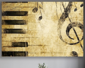 May include: A vintage-style illustration of a treble clef and piano keys on a textured, beige background. The image has a faded, distressed look, giving it a retro feel.