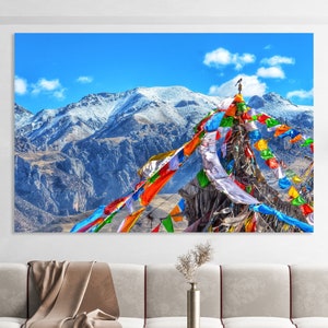 Tibet Prayer Flags Wall Art, Huge Canvas Home Decor, Tibet Canvas Print, Tibetan Prayer Flags Art Print, Tibet Mouantains Art