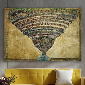 Mappa dell'Inferno Wall Art, Arte della Divina Commedia, Enorme decorazione per la casa su tela, Arte di Sandro Botticelli, Sandro Botticelli, Mappa dell'Inferno Tela, Divina Commedia