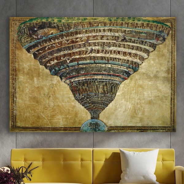 Kaart van de hel kunst aan de muur, goddelijke komedie kunst, enorme canvas Home decor, Sandro Botticelli kunst, Sandro Botticelli, kaart van de hel canvas, goddelijke komedie