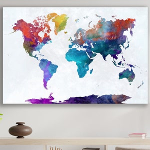 May include: A watercolor world map print with a white background. The map is painted in shades of blue, green, red, orange, purple, and yellow.