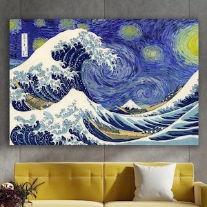 The Great Wave Off Kanagawa Wall Art, Huge Canvas Home Decor, The Great Wave Starry Night Wall Decor, Starry Night The Great Wave Wall Art