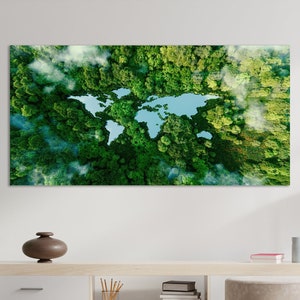 Bos wereldkaart kunst aan de muur, meer in de vorm van een wereldkaart canvas, enorme canvas muurkunst, Foerst wereldkaart kunst print, natuur muur decor
