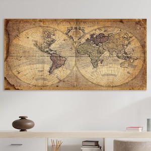Stampa artistica di mappa del mondo rustico, arte della mappa del mondo vintage, arte della parete su tela enorme, arte della mappa del mondo, arte della parete rustica, decorazione della parete della mappa del mondo rustica