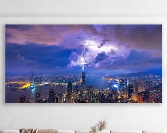 City View Wall Art, Thunderbolt Art, Huge Canvas Wall Art, Hong Kong City View Art Print, City View Wall Decor, Thunderbolt Canvas