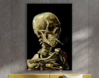 Skull of a Skeleton with Burning Cigarette Wall Art, Van Gogh Art, Huge Canvas Home Decor, Skull of a Skeleton with Burning Cigarette Art