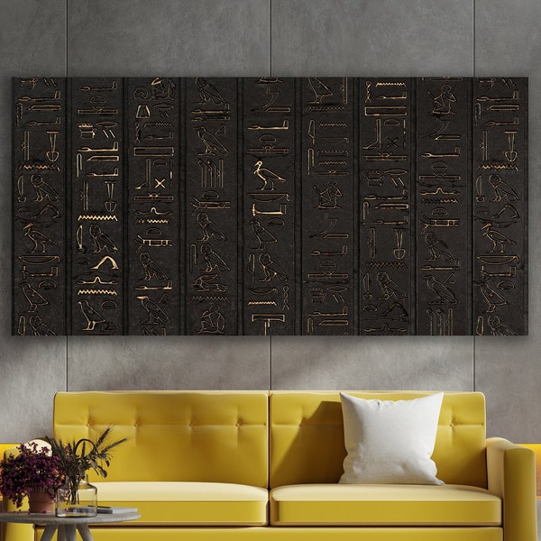 Hieroglyphics Wall Art, Hieroglyph Canvas, Huge Canvas Wall Art, Ancient Egypt Art, Black and Gold Hieroglyphics Wall Art