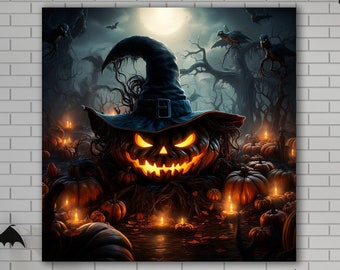 Spooky Halloween Wall Art, Halloween Gift, Huge Canvas Wall Decor, Jack O Lantern Wall Art, Halloween Wall Decor, Spooky Pumpkin Art