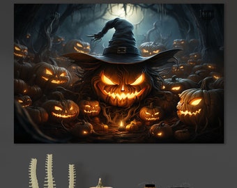 Jack o'-lantern pumpkin painting - photo of carved pumpkin on black background. Creepy.