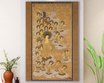 Welcoming Descent of Amida Buddha and Twenty-five Bodhisattvas, Huge Canvas Home Decor, Amida Buddha Art, Welcoming Descent Canvas