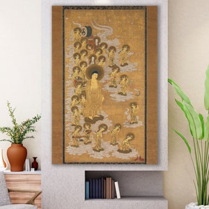 Welcoming Descent of Amida Buddha and Twenty-five Bodhisattvas, Huge Canvas Home Decor, Amida Buddha Art, Welcoming Descent Canvas