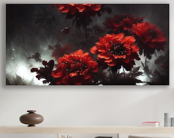Puede incluir: Una pintura de flores rojas en un bosque oscuro y brumoso. Las flores están en plena floración y tienen una textura suave y delicada. El fondo es oscuro y misterioso, con un toque de luz que brilla a través de los árboles.