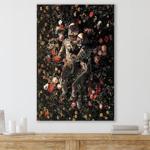 Art mural couple astronaute de la NASA, cadeau pour elle/lui, décoration d'intérieur en toile énorme, cadeau pour couple, décoration murale fleurs et astronautes, art mural astronaute