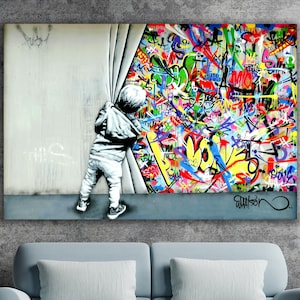 Colorful Street Graffiti Wall Art, Huge Canvas Home Decor, Child Pulling Back Curtain Canvas, Street Graffiti Wall Decor, Banksy Wall Art