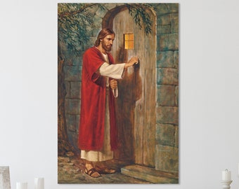 May include: A painting of a man in a red robe standing in front of a wooden door. He is holding a key in his hand and is about to open the door. The painting is set against a background of a stone wall and trees.