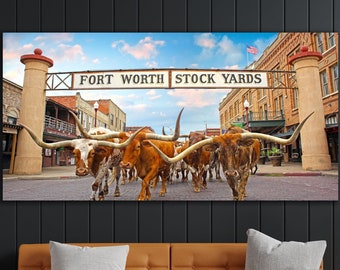 Fort Worth Stock Yards Art, Texas Bulls Longhorn, Huge Canvas Wall Art, Fort Worth Print, Texas Longhorn Wall Art, Man Cave Gift, Farm Art