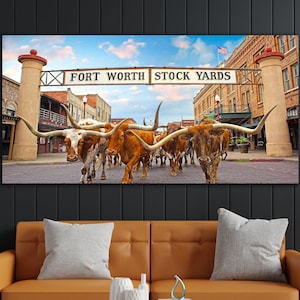 Arte di Fort Worth Stock Yards, Texas Bulls Longhorn, enorme tela da parete, stampa di Fort Worth, arte murale dei Texas Longhorn, regalo per la caverna dell&#39;uomo, arte agricola