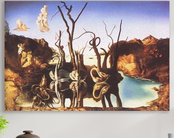 Swans Reflecting Elephants Wall Art, Salvador Dali, Swans Reflecting Elephants, Canvas, Huge Canvas Home Decor, Salvador Dali Art Print