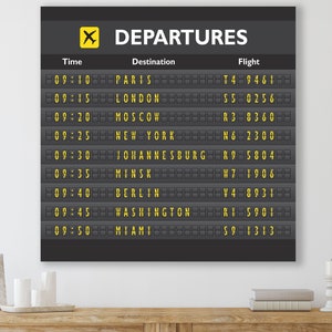 Partenze personalizzate, decorazione murale su tela di grandi dimensioni, cartello delle partenze dell'aeroporto su tela, cartello delle partenze personalizzato, arte murale di viaggio
