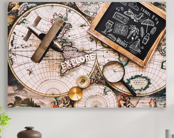 World Map Canvas, Explore Sign, Huge Canvas Wall Decor, Compass Sign, World Map Wall Art, Travel Sign, Explore Art