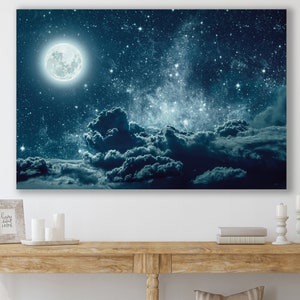 Moon Art Print, Sky Canvas, Stars Wall Art, Huge Canvas Wall Decor, Stars Art, Clouds Canvas, Moon Wall Decor, Night Sky Canvas Print
