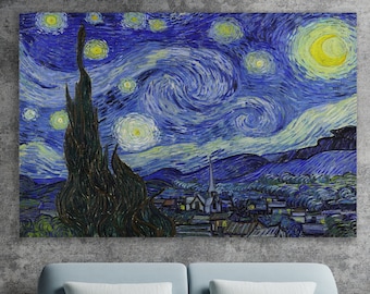 May include: A painting of a starry night sky with a crescent moon and a large, swirling, dark blue sky. The painting is in a modern living room setting, hanging above a blue sofa.