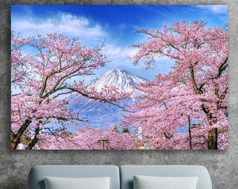 Sakura Wall Decor, Japanese Flowering Cherry Blossom Art , Huge Canvas Wall Decor, Fuji, Japanese Peaceful Modern Art, Mount Fuji Canvas