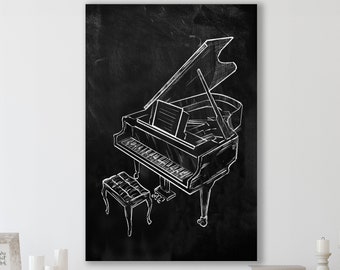 Puede incluir: Una ilustración en blanco y negro de un piano de cola con la tapa abierta, dibujada sobre un fondo de pizarra negra. El piano está acompañado por un pequeño taburete.