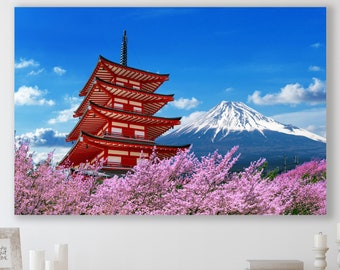 Japanese Canvas Wall Art - Blooming Cherry Trees & Mount Fuji Landscape Painting, 24x36 Inches, Framed Ready To Hang - View #4