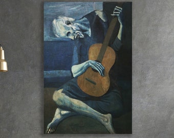 May include: A painting of a person sitting and playing a guitar. The person is wearing a blue robe and has a blue background. The guitar is brown and has a light blue background.